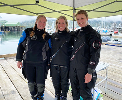ADFampG scientific divers left to right Katie Taylor Rhea Ehresmann and Whitney Crittenden at the Petersburg Outdoor Recreation Creation Adventure ORCA marine science camp Photo by Kellii WoodADFampG