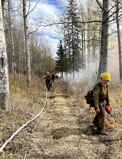 A fire crew member uses a drip torch to ignite fire A firehouse is on the left The crew surrounded the burn units with a hoselay system fed by a water pump Mainly a ldquojust in caserdquo precaution if fire activity became erratic near the boundaries it39s also utilized to hose down some of the smoldering large fuels such as stumps and tree trunks near the boundaries